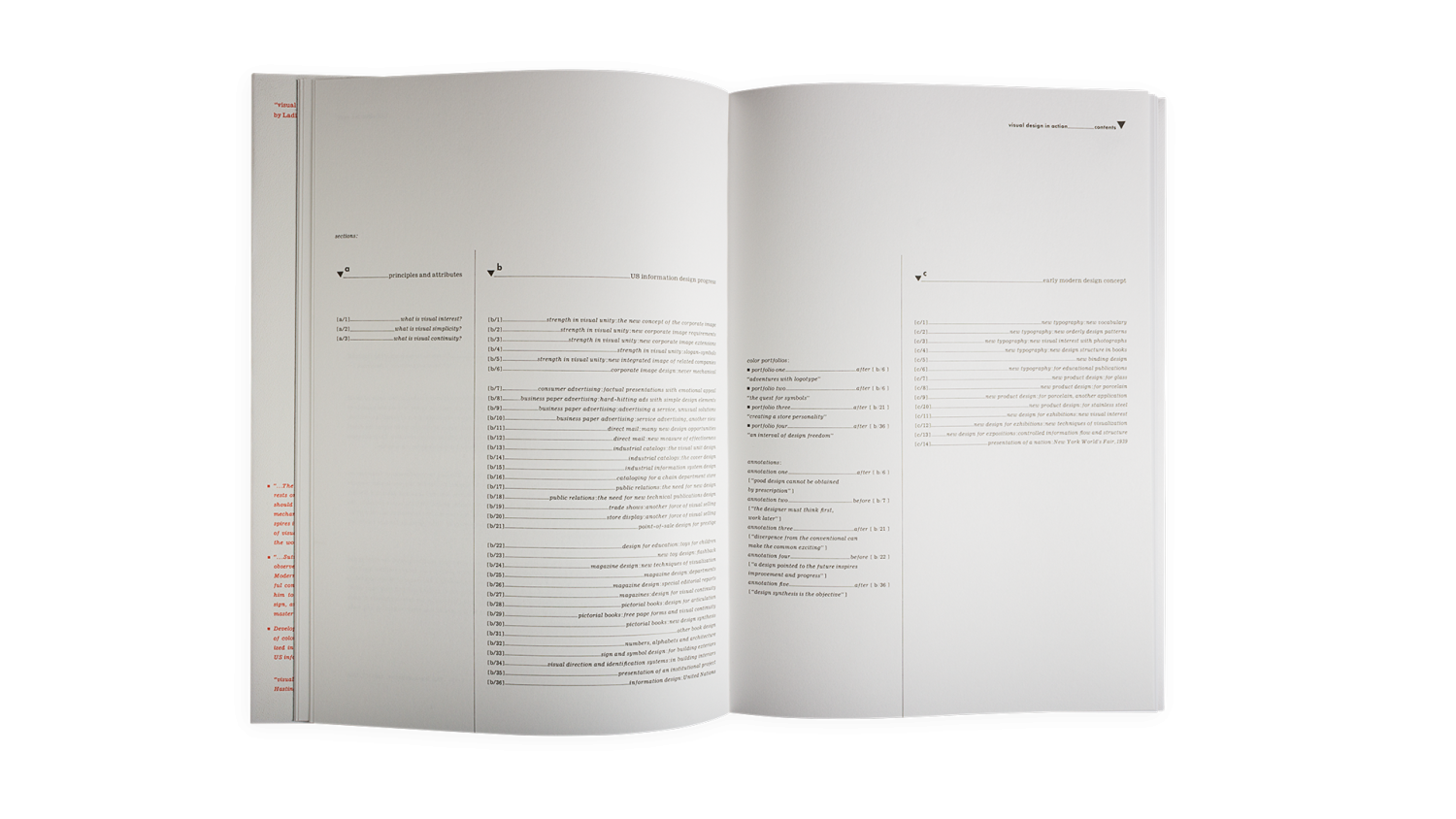Sutnar’s table of contents uses a system of letters and numbers, rather than pages.